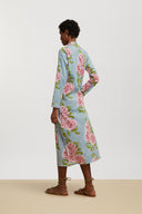 Long Open Kurta - Leopard Flower Sky Light Blue