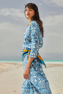 Kurta Lunga Damask Design White Blue