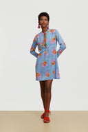 No Web Wholesale Short Open Kurta - Damask Design White Blue