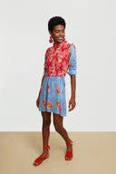 No Web Wholesale Short Open Kurta - Damask Design White Blue