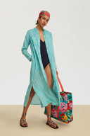 Kurta Lunga Aperta Mini Stripes Ferozi